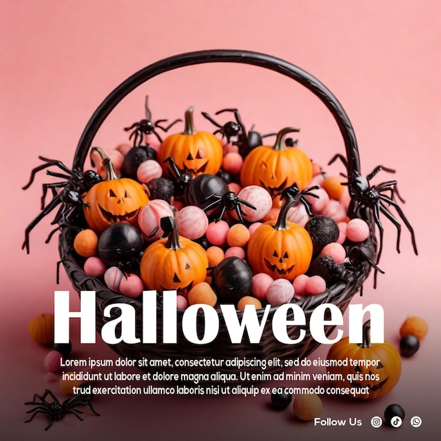 ein Korb mit Kürbissen mit einem glücklichen Halloween-Design auf der Vorderseite