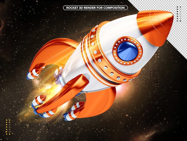 PSD foguete 3d realista em laranja e branco voando acima