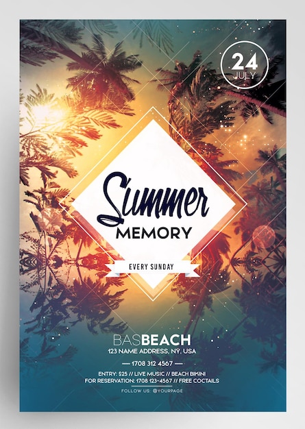 PSD folleto dj del evento de fiesta en la playa al atardecer con memoria de verano