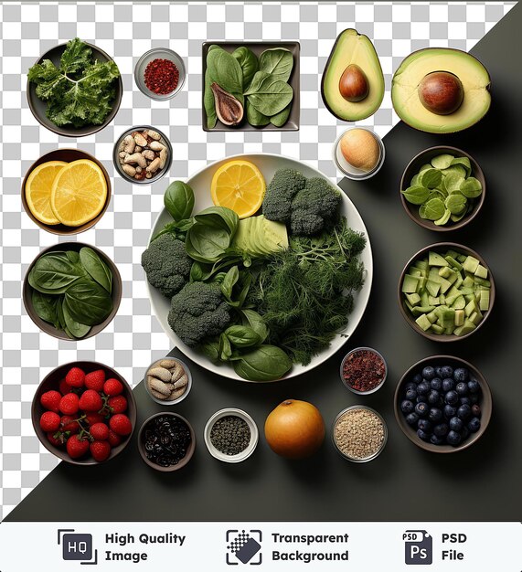 PSD fondo transparente psd fotográfico realista nutricionistas comidas saludables una variedad colorida de frutas y verduras incluyendo brócoli aguacate y limón dispuestos en una variedad de