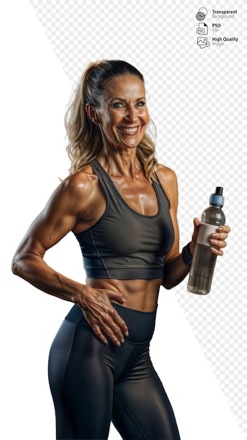 PSD une femme souriante tenant une bouteille d'eau après un entraînement intense