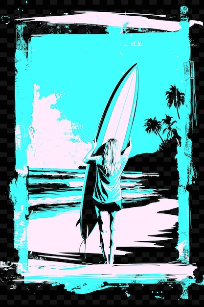 PSD frau hält ein surfbrett mit einem strand im hintergrund pos png poster hintergrunddesigns