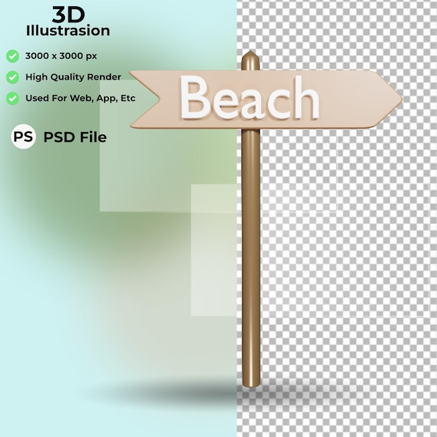 PSD ilustração 3d do ícone de praia, direção da seta