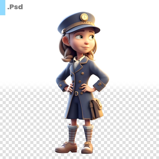 PSD illustration 3d d'une petite fille portant un modèle psd d'uniforme de police