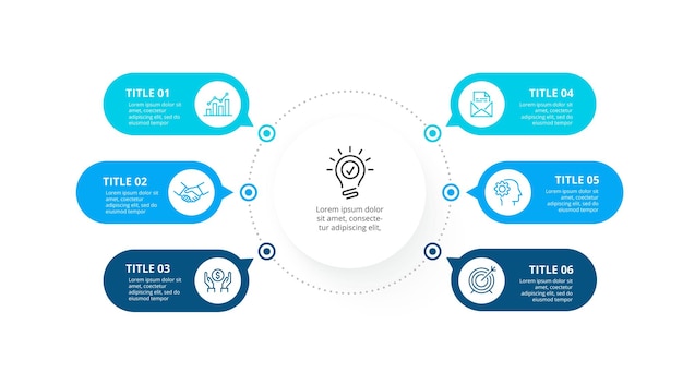 PSD organigramme infographique avec 6 éléments arrondis concept de six étapes de projet d'entreprise