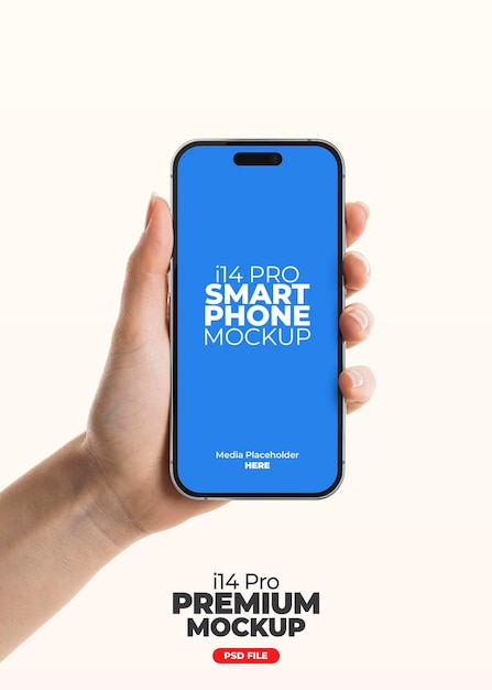 PSD mão segurando o modelo premium de tela do smartphone iphone 14 pro max com fundo editável