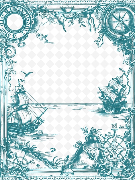 PSD png mittelalterliche karte rahmenkunst mit kompass und schiff dekorationen bor illustration rahmenkunst dekorativ