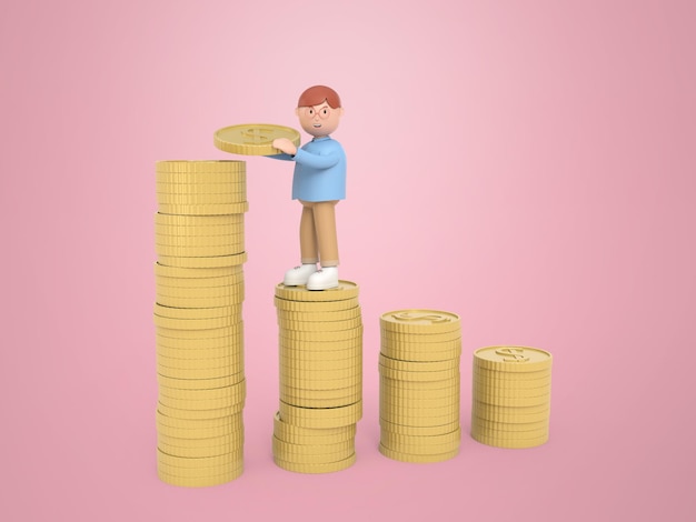 Personaje de ilustración 3D de un joven con gafas parado en una pila y poniendo una moneda en la escalera Representación del concepto de ahorro