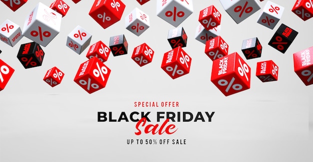 PSD plantilla de banner de venta de viernes negro con cubos rojos, blancos y negros que caen con porcentaje