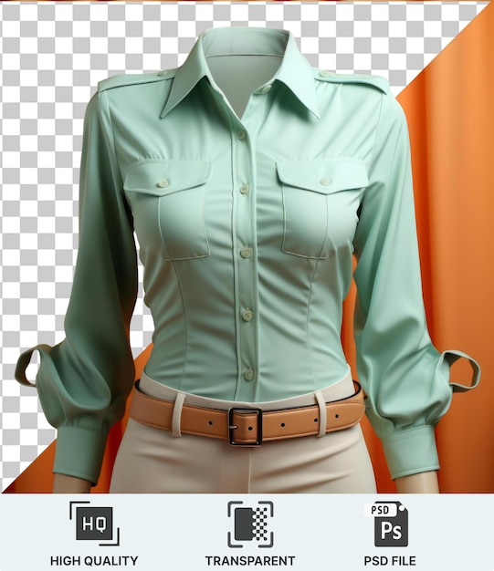 PSD psd una mujer con una camisa verde y un cinturón marrón se para frente a una cortina naranja accesoriada con una hebilla marrón