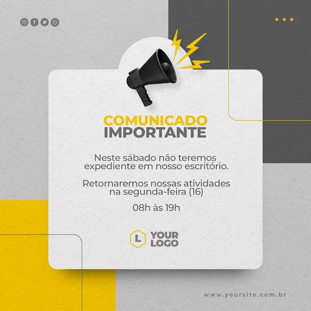 PSD publier une annonce importante sur les réseaux sociaux avec l'icône mégaphone rendu 3d en portugais brésilien