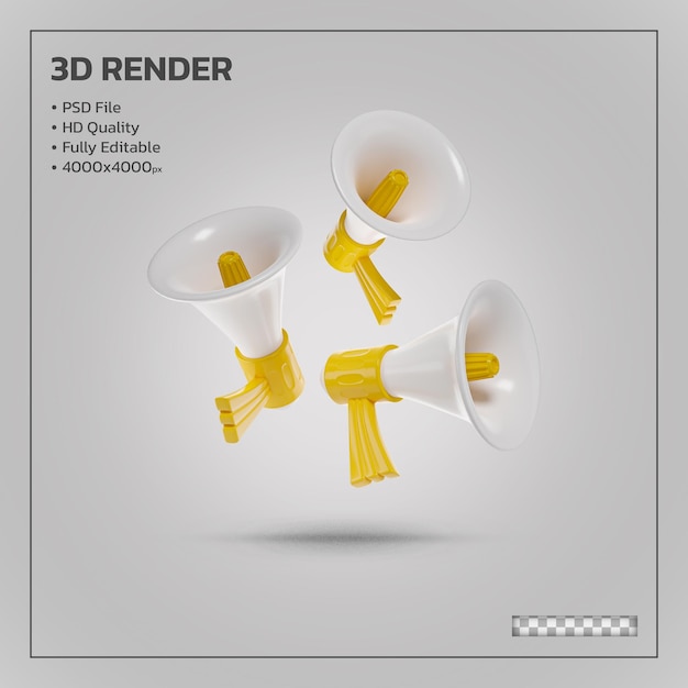 PSD realista megáfono amarillo renderizado 3d realista aislado