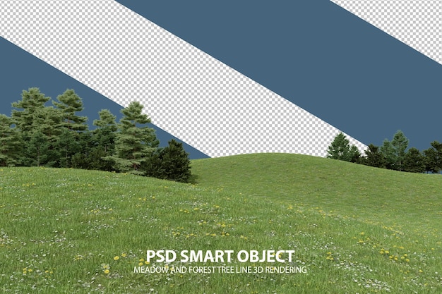 PSD realistische grashügel- und waldbaumlinie 3d-darstellung eines isolierten psd-smart-objekts
