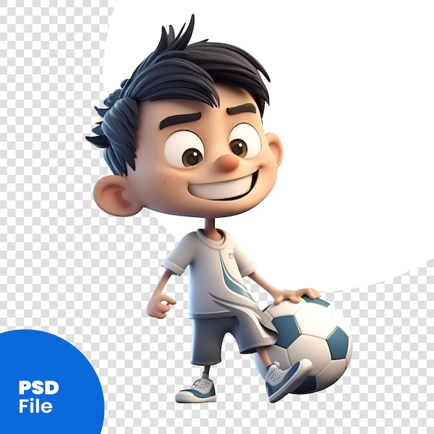 PSD renderização 3d de um menino bonito com uma bola de futebol isolada em um modelo psd de fundo branco