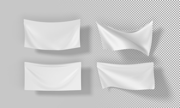 PSD weiße flaggen-attrappe, wimpel, die im wind wehen, 3d-render-icon-set. horizontale banner aus leerem stoff für werbung. realistische festival-rechteck-textilvorlage isoliert auf dem hintergrund