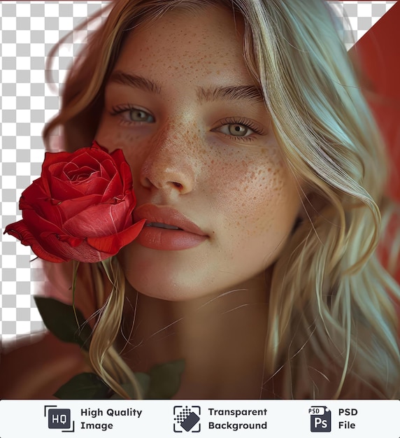 PSD transparent premium psd bild close up von blonde sehr hübsche frau, die spielt berührt und riecht eine rote rose in einem fotografischen studio