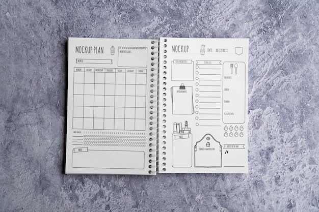PSD vista del diseño de maqueta de diario/planificador en papel
