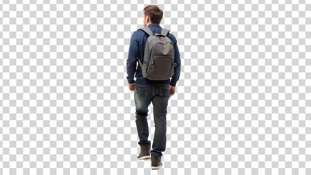 Vista traseira de um jovem com mochila caminhando isolado em fundo transparente