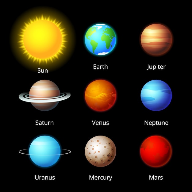 coleção de planetas vetoriais no céu escuro