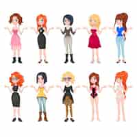 Vetor grátis as mulheres com vestidos diferentes roupas e sapatos de banda desenhada engraçado do vetor isolado personagens