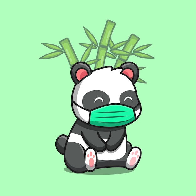 Vetor grátis panda bonito sentado e usando máscara com ilustração em vetor desenhos animados de bambu. vetor premium isolado do conceito da natureza animal. estilo flat cartoon
