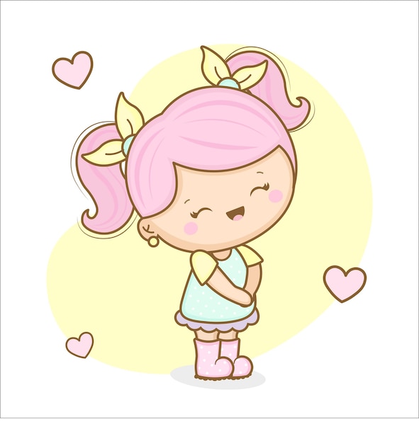 Vetor menina bonitinha cabelo rosa sorriso ilustração de cor doce kawaii