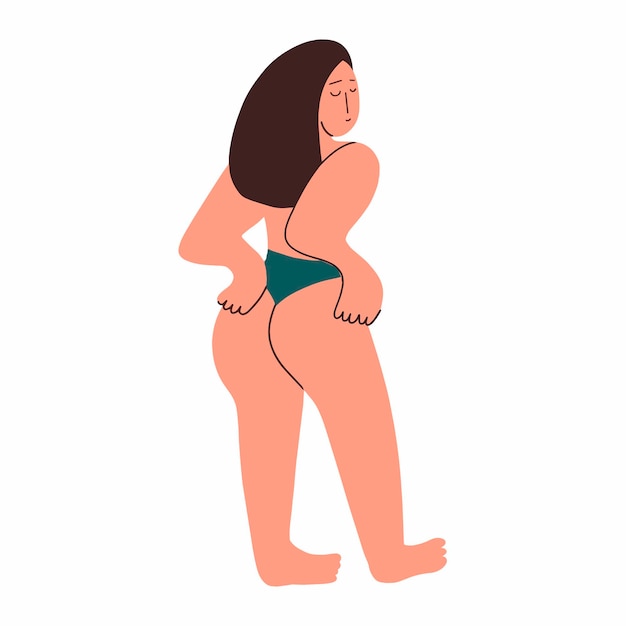 Vetor modelo plus size em cueca. uma garota com uma forma curvilínea mostra seu corpo. corpo positivo