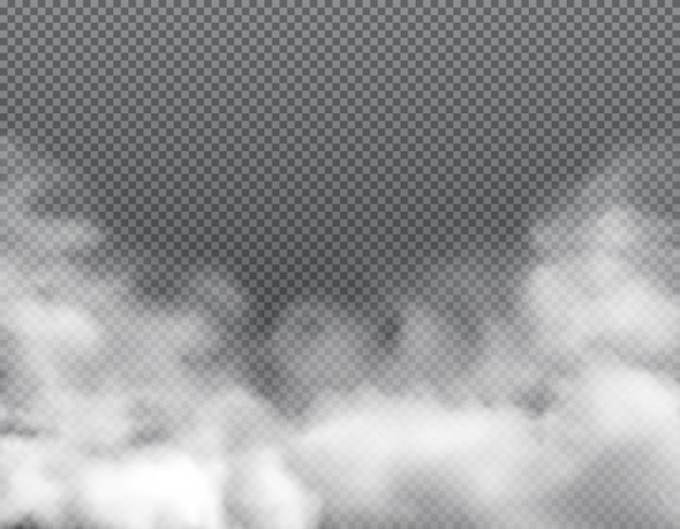Névoa ou nuvens, fumaça de vapor tóxico fumegante com poluição de poeira, de fundo vector realista. Nuvens de fumaça branca ou explosão empoeirada de gás e vapor de pó fumegante e respingos de ar tóxico