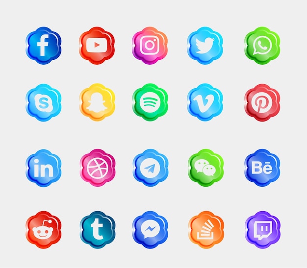 Coleção de conjunto de ícones de botões 3d brilhantes de logotipo de mídia social