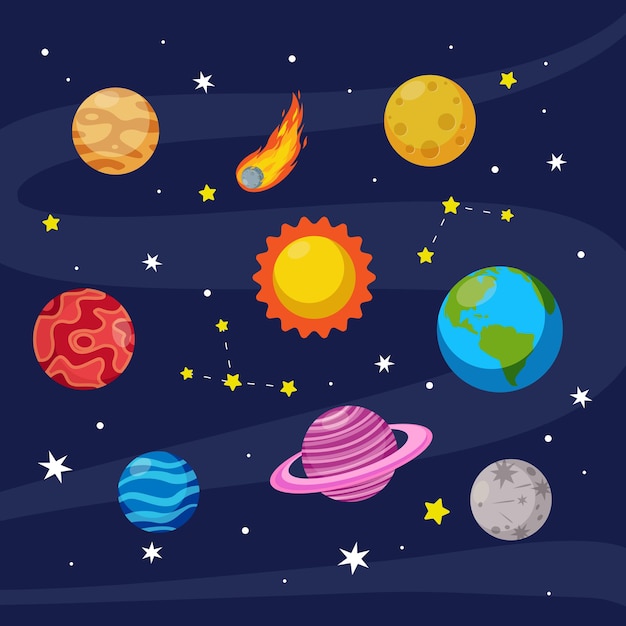 Coleção de planeta de elemento de espaço colorido Flat vector cartoon design
