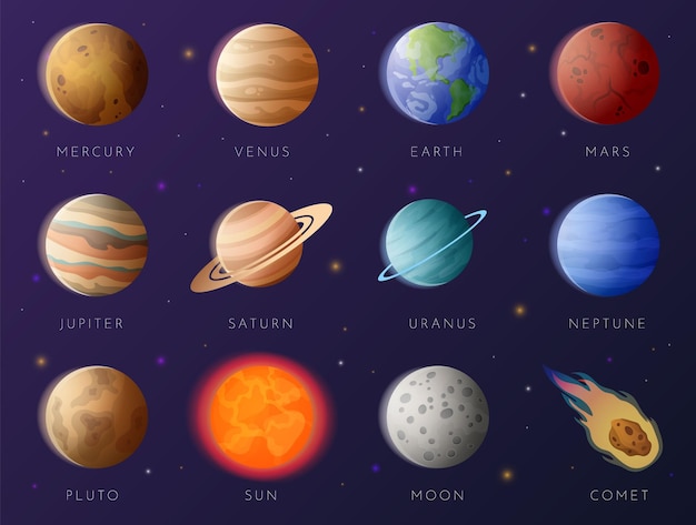 Coleção de planetas Elementos do sistema solar dos desenhos animados Exploração da galáxia Pesquisa astronômica Terra com Lua Isolada Mercúrio Vênus e Marte Júpiter Saturno Urano Netuno e Plutão Conjunto de espaço vetorial