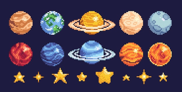 Planetas do sistema solar e conjunto de ícones de pixel art de estrelas Coleção de elementos astronômicos