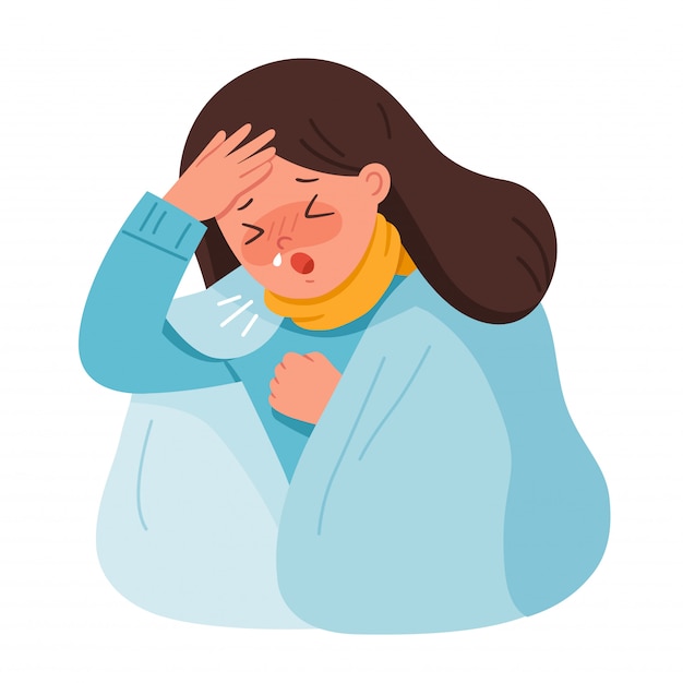 Vetor retrato de mulher ficar doente. ela está tossindo e sofrendo de dor no peito. coronavirus 2019-ncov influ.saúde e produtos médicos. ilustração.