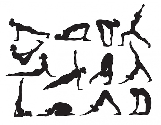 Vetor silhuetas de ioga esboçar conjunto preto e branco