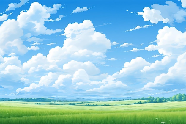 Vetor uma pintura de um campo com nuvens e um céu azul com um campo de grama e árvores