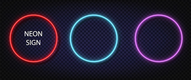 Segno del cerchio al neon. Insieme di vettore di colore incandescente quadrato realistico al neon. Brillanti led o lampade alogene incorniciano striscioni.