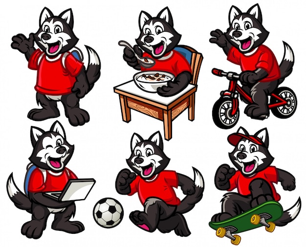 Set di caratteri del fumetto del simpatico cagnolino husky