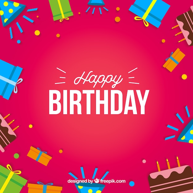 Vector gratuito tarjeta de feliz cumpleaños con regalos y tartas