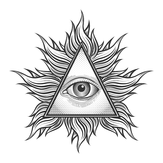 Vector gratuito todos ven el símbolo de la pirámide del ojo en el estilo de tatuaje grabado. masón y espiritual, illuminati y religión, magia triangular,