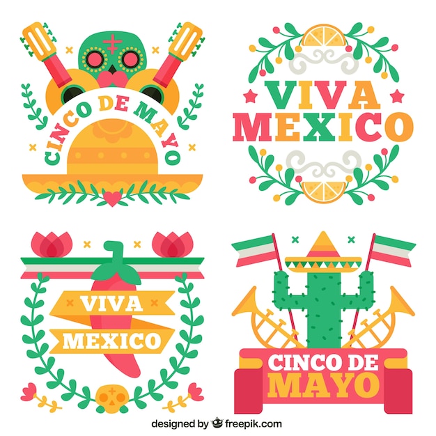 Vector gratuito varias pegatinas de fiesta de mexico en diseño plano