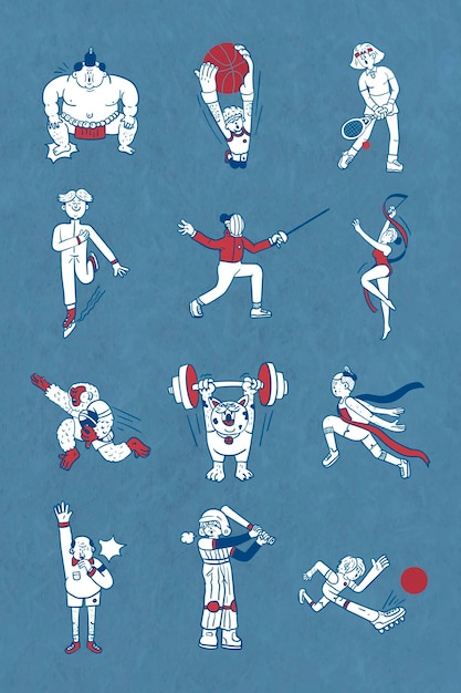 Vector gratuito vector de colección de personajes de doodle de atletas