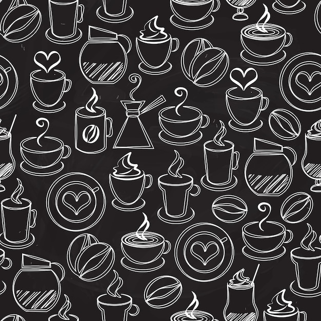 Vector gratuito vector de fondo de patrones sin fisuras de café con iconos blancos sobre negro de una cafetera y percolador humeantes tazas y tazas frijoles corazones filtro espresso capuchino y café helado en formato cuadrado