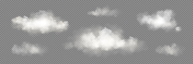 Vector gratuito vector transparente nube blanca cielo conjunto realista niebla humo png textura diseño aislado efecto de aire nublado abstracto con colección de iconos de luz de día 3d hermosa naturaleza atmósfera vapor ahumado vapor