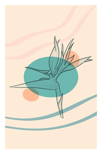 Vector gratuito arte de línea abstracta de flor tropical con símbolos de color dibujo de contorno de strelitzia ilustración de flor mínima
