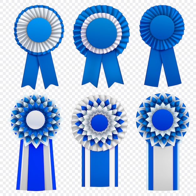 Vector gratuito azul medalla decorativa premios circulair rosetas insignias insignias solapas con cintas realista conjunto transparente