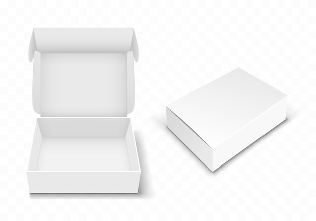 Vector gratuito caja de cartón en blanco blanco con tapa abatible, realista