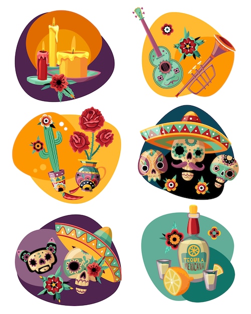 Vector gratuito celebración del día muerto 6 coloridas composiciones con scull de azúcar adornado máscaras velas tequila