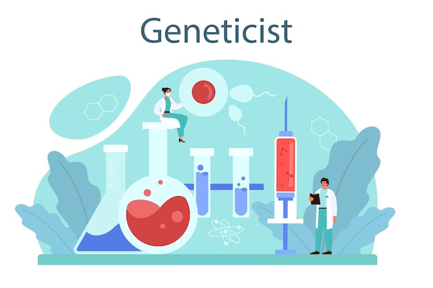 Vector gratuito concepto genetista medicina y tecnología científica trabajo científico con estructura molecular análisis e innovación ilustración vectorial en estilo de dibujos animados
