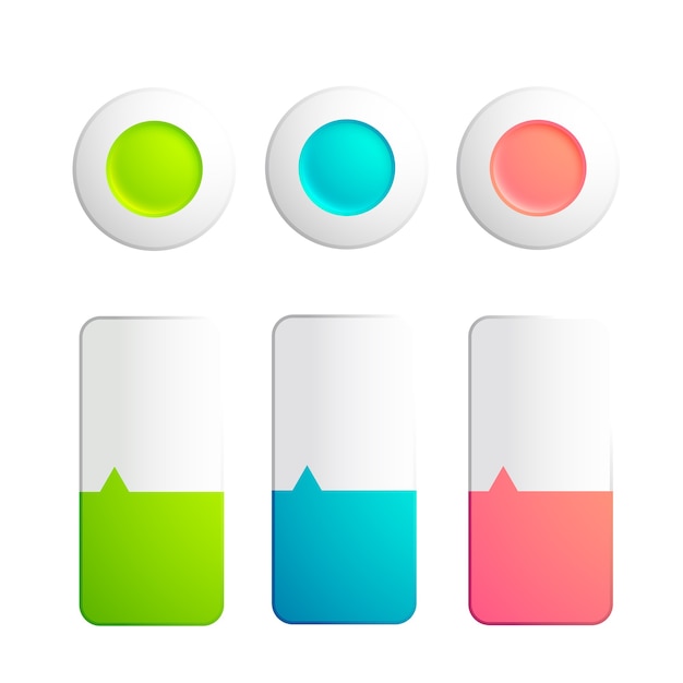 Vector gratuito conjunto de colección de botones y tiras con elementos redondos y tiras divididas en dos colores con pequeña flecha en el blanco