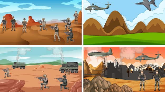 Conjunto de diferentes escenas de guerra del ejército.